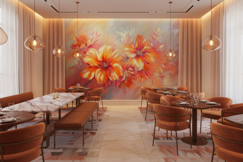 Papier Peint Fleurs Abstraites aux Tons Orangés et Dorés - Restaurant