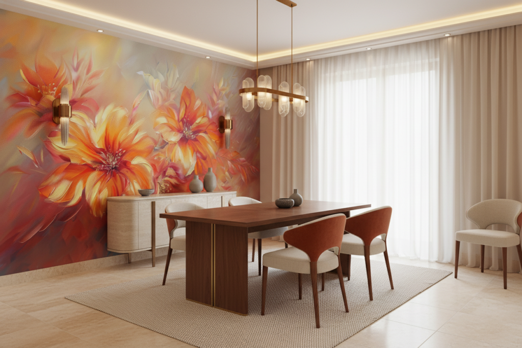 Papier Peint Fleurs Abstraites aux Tons Orangés et Dorés - Salle à manger