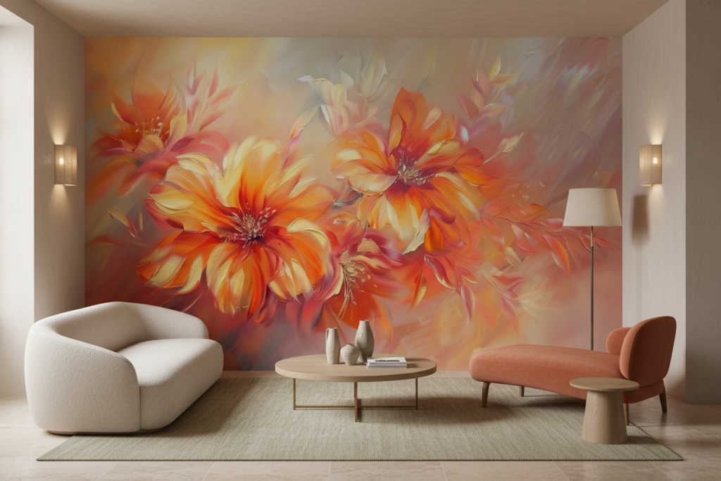 Papier Peint Fleurs Abstraites aux Tons Orangés et Dorés - Salon / Séjour