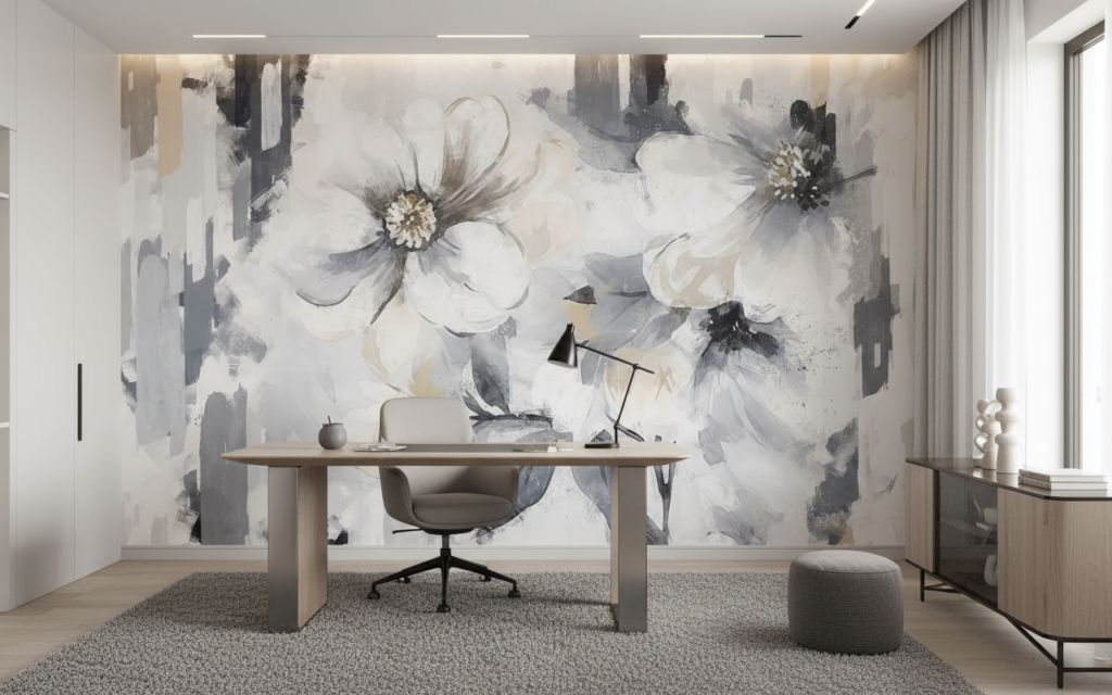Papier Peint Fleurs Abstraites Blanches et Grises Effet Pinceau - Bureau