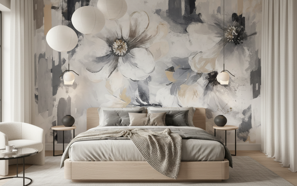 Papier Peint Fleurs Abstraites Blanches et Grises Effet Pinceau - Chambre adulte