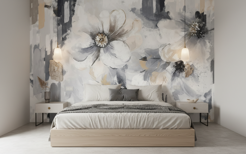 Papier Peint Fleurs Abstraites Blanches et Grises Effet Pinceau - Chambre adulte
