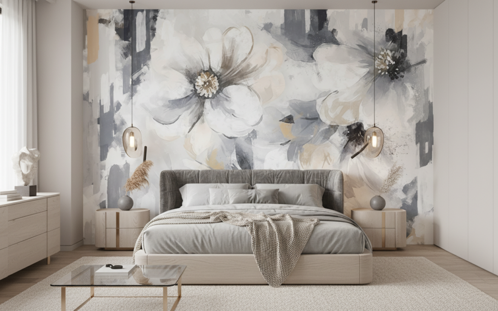 Papier Peint Fleurs Abstraites Blanches et Grises Effet Pinceau - Chambre adulte