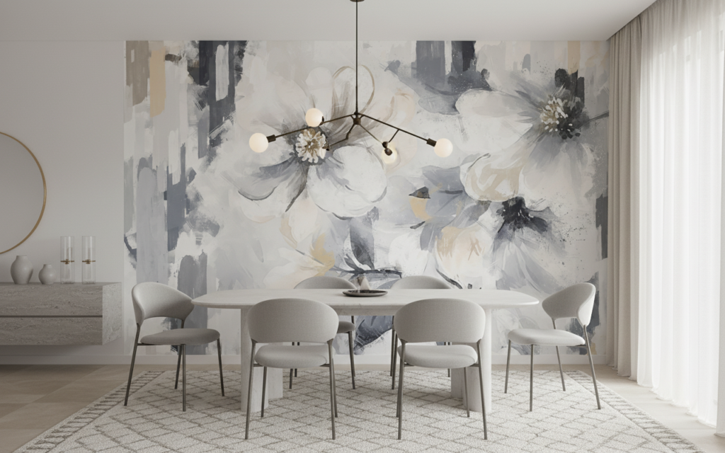 Papier Peint Fleurs Abstraites Blanches et Grises Effet Pinceau - Salle à manger