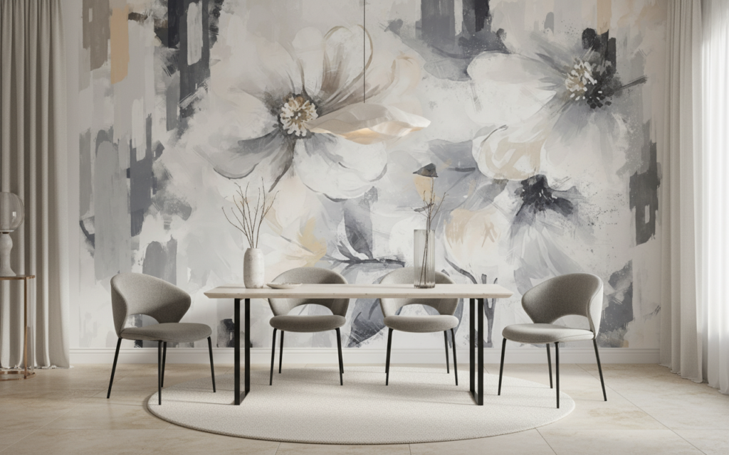 Papier Peint Fleurs Abstraites Blanches et Grises Effet Pinceau - Salle à manger