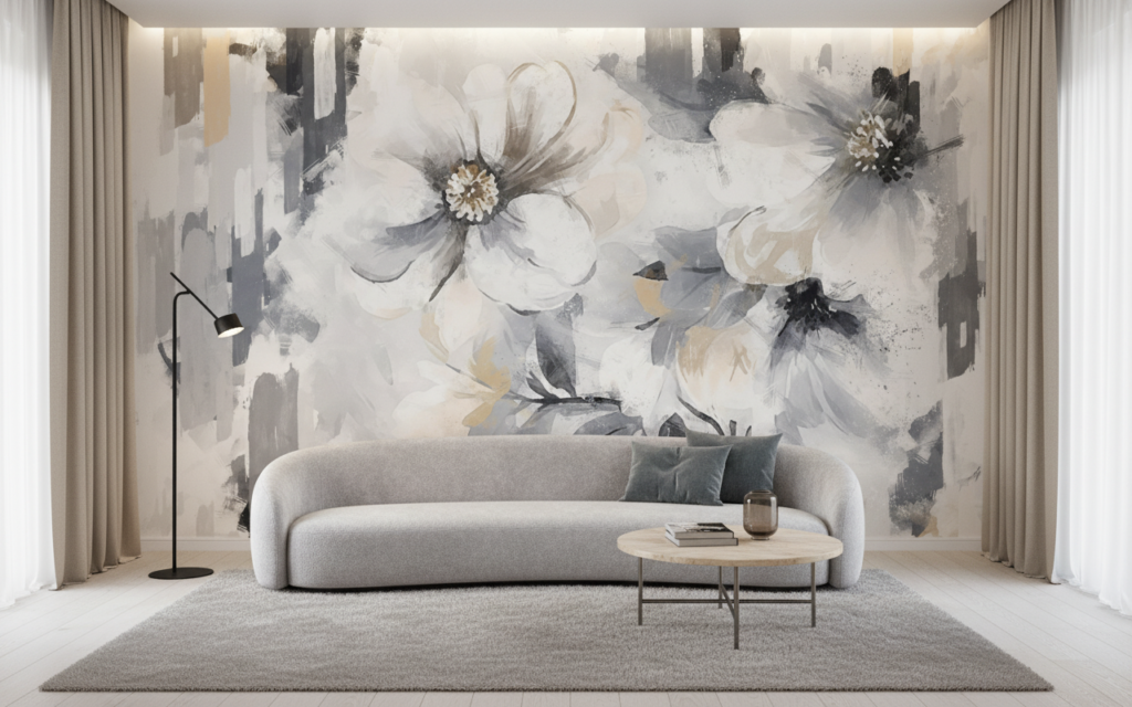 Papier Peint Fleurs Abstraites Blanches et Grises Effet Pinceau - Salon / Séjour