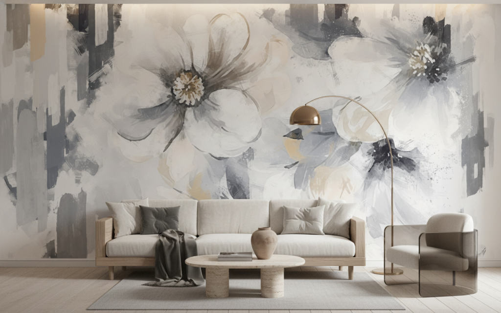 Papier Peint Fleurs Abstraites Blanches et Grises Effet Pinceau - Salon / Séjour