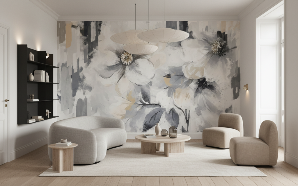 Papier Peint Fleurs Abstraites Blanches et Grises Effet Pinceau - Salon / Séjour