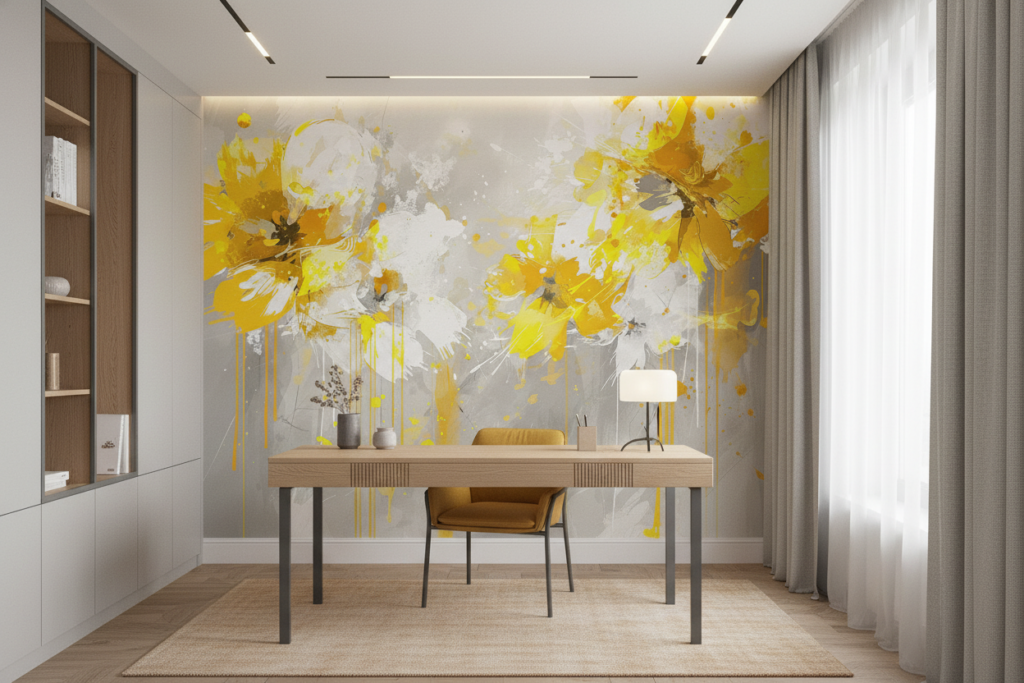 Papier Peint Fleurs Abstraites Jaunes Effet Peinture Éclaboussures - Bureau