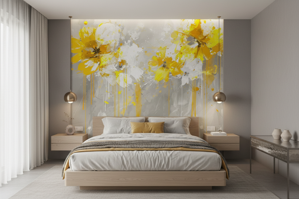 Papier Peint Fleurs Abstraites Jaunes Effet Peinture Éclaboussures - Chambre adulte