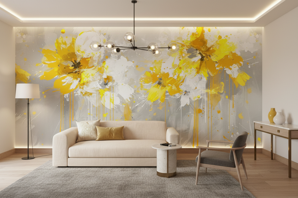 Papier Peint Fleurs Abstraites Jaunes Effet Peinture Éclaboussures - Hôtel