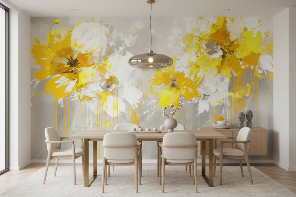 Papier Peint Fleurs Abstraites Jaunes Effet Peinture Éclaboussures - Salle à manger