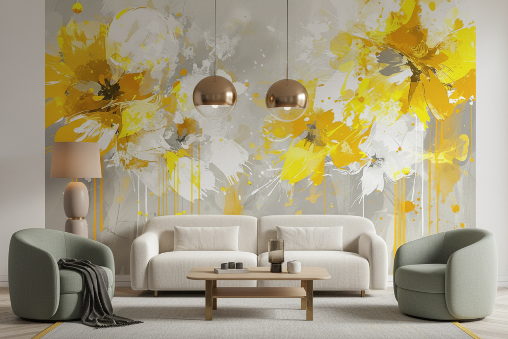 Papier Peint Fleurs Abstraites Jaunes Effet Peinture Éclaboussures - Salon / Séjour