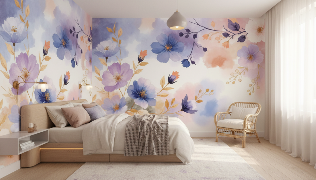 Papier Peint Fleurs Aquarelle Romantique Tons Pastel Bleu Violet - Chambre ado