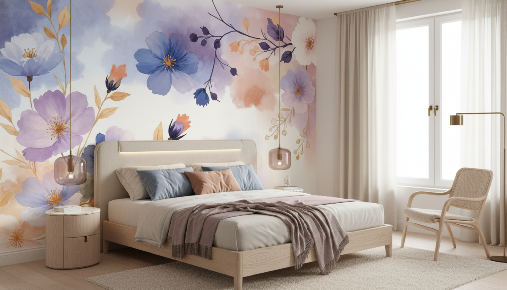 Papier Peint Fleurs Aquarelle Romantique Tons Pastel Bleu Violet - Chambre adulte