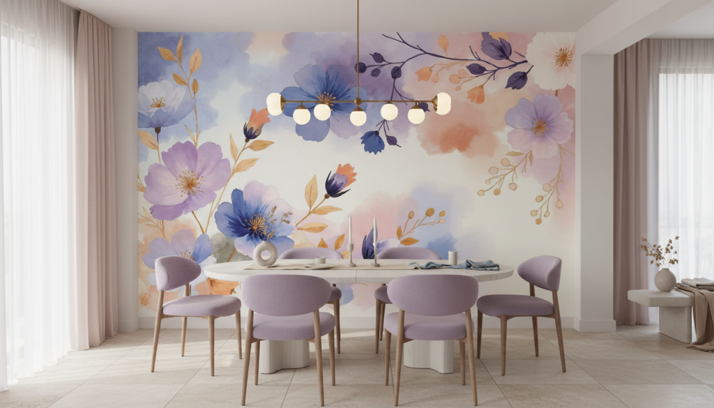 Papier Peint Fleurs Aquarelle Romantique Tons Pastel Bleu Violet - Salle à manger