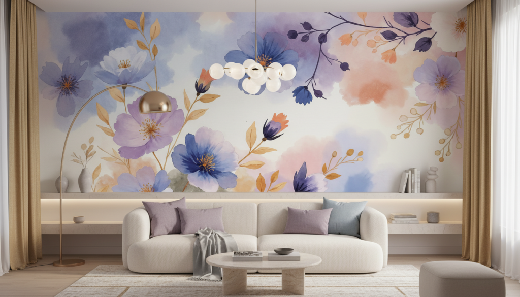 Papier Peint Fleurs Aquarelle Romantique Tons Pastel Bleu Violet - Salon / Séjour