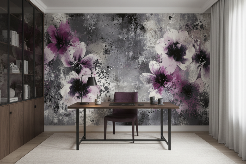 Papier Peint Fleurs Artistiques Roses sur Fond Grunge Moderne - Bureau