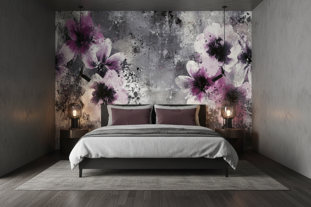 Papier Peint Fleurs Artistiques Roses sur Fond Grunge Moderne - Chambre adulte