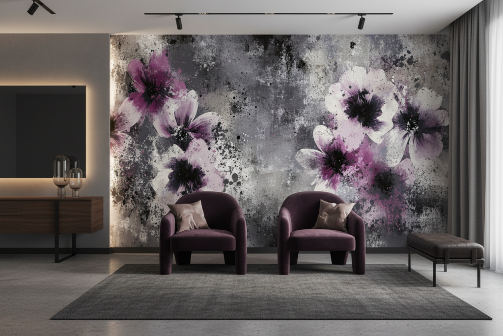 Papier Peint Fleurs Artistiques Roses sur Fond Grunge Moderne - Hôtel