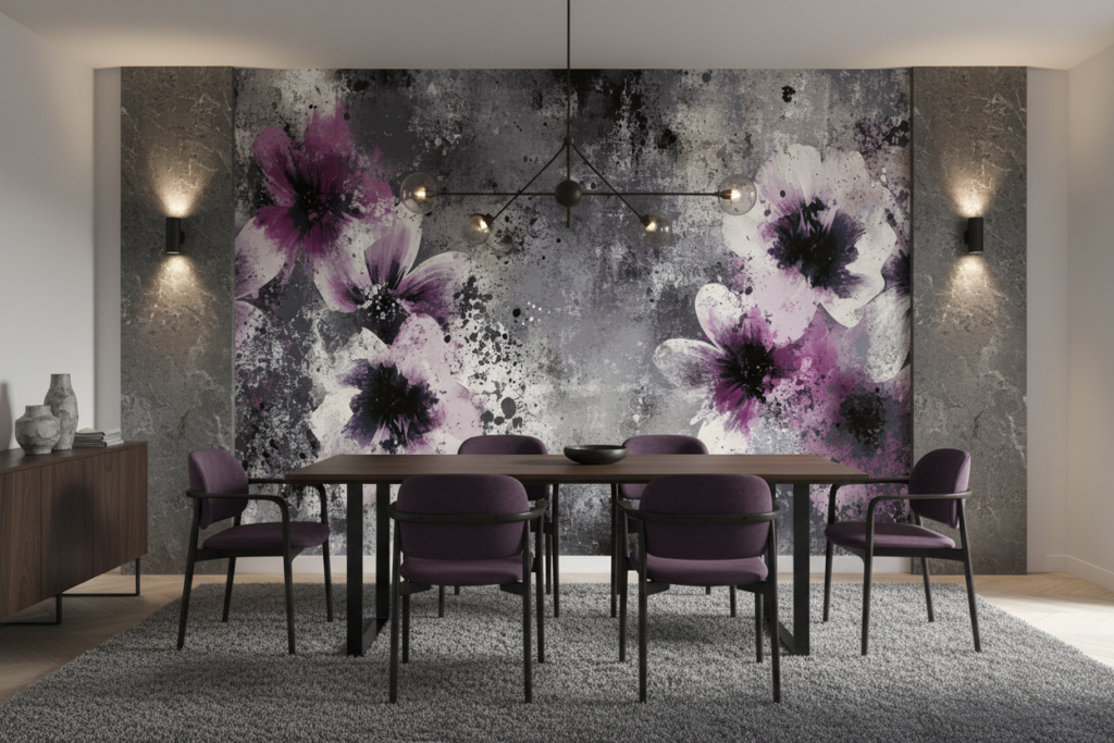 Papier Peint Fleurs Artistiques Roses sur Fond Grunge Moderne - Salle à manger