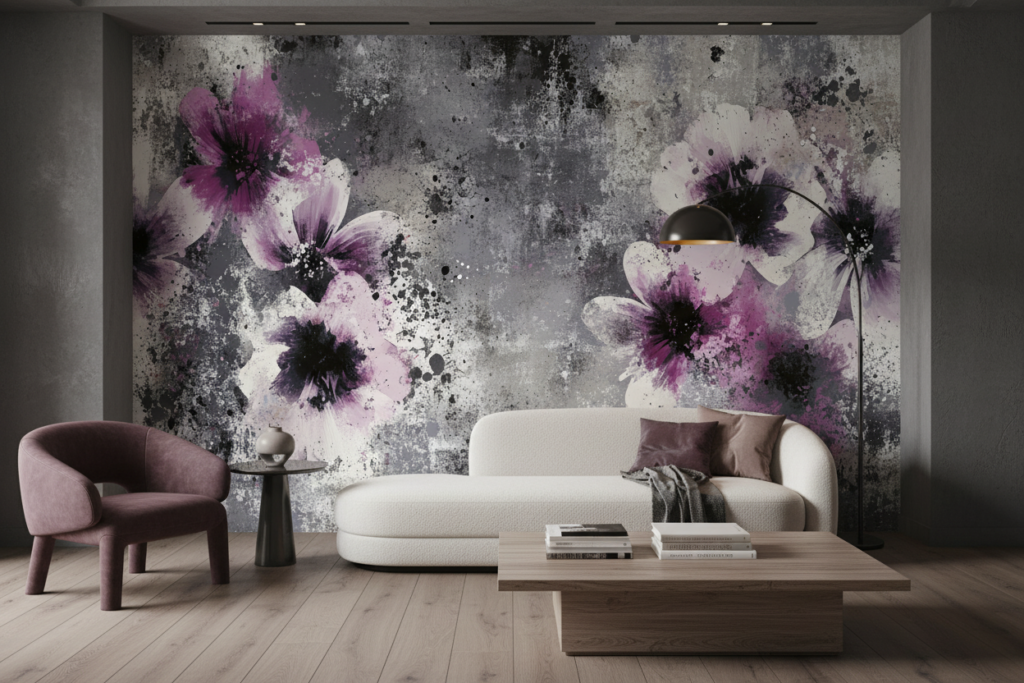 Papier Peint Fleurs Artistiques Roses sur Fond Grunge Moderne - Salon / Séjour