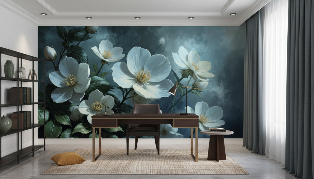 Papier peint fleurs blanches élégantes sur fond bleu dramatique - Bureau