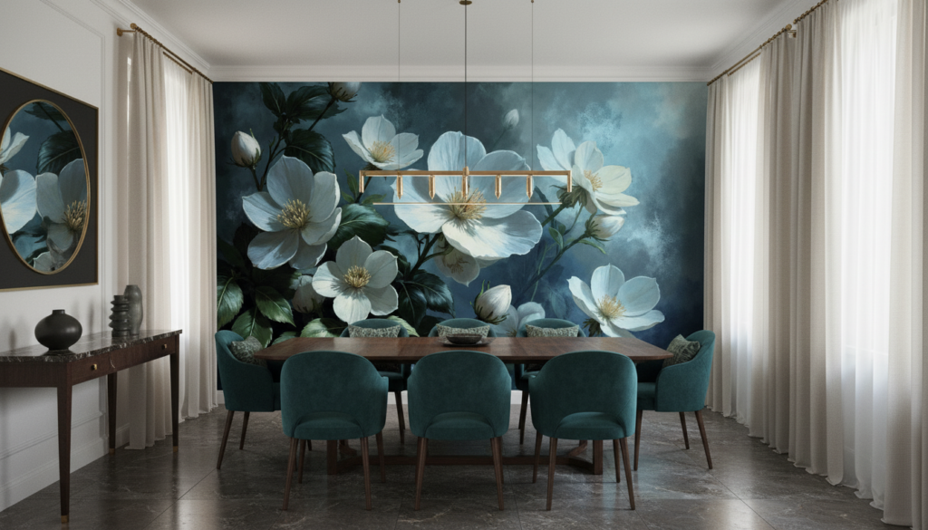 Papier peint fleurs blanches élégantes sur fond bleu dramatique - Salle à manger