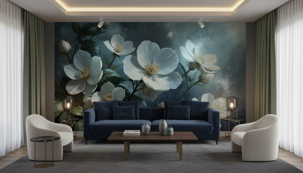 Papier peint fleurs blanches élégantes sur fond bleu dramatique - Salon / Séjour