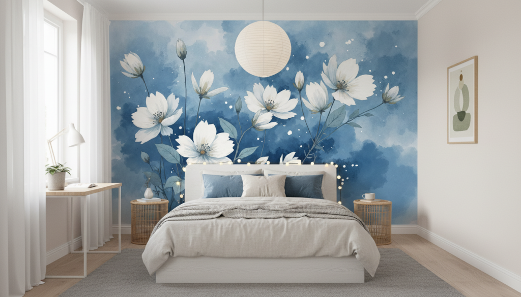 Papier Peint Fleurs Blanches Cosmos sur Fond Bleu Aquarelle - Chambre ado