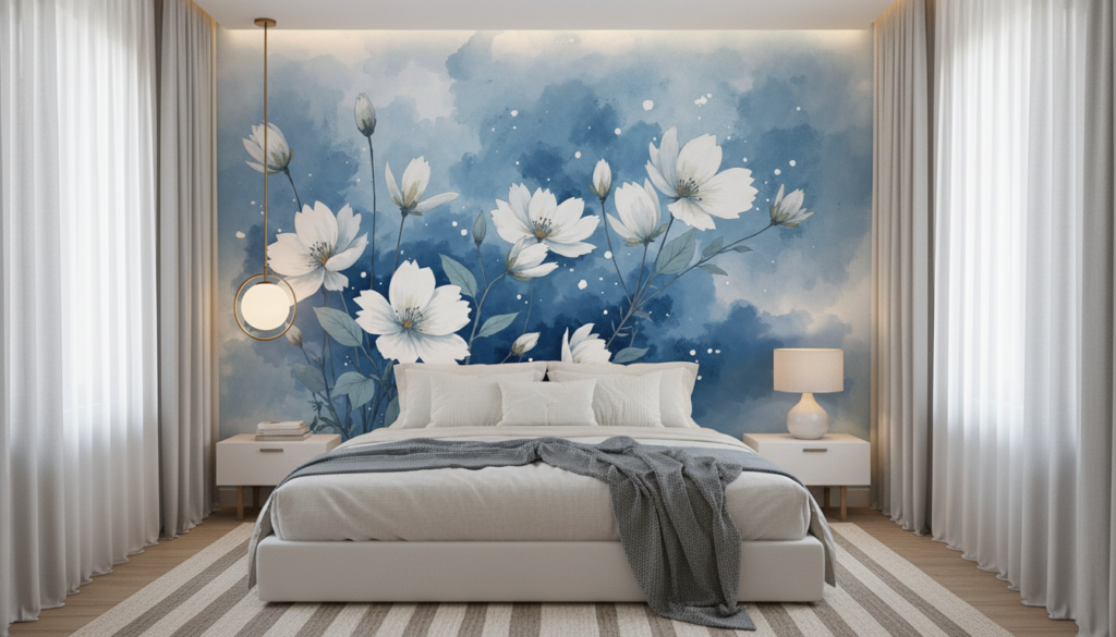 Papier Peint Fleurs Blanches Cosmos sur Fond Bleu Aquarelle - Chambre adulte