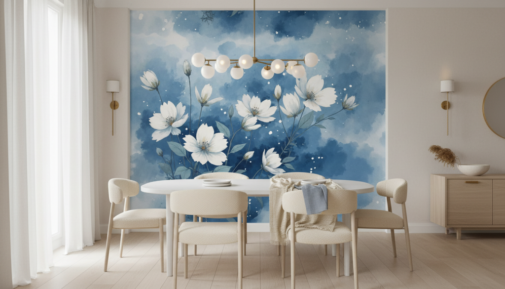 Papier Peint Fleurs Blanches Cosmos sur Fond Bleu Aquarelle - Salle à manger