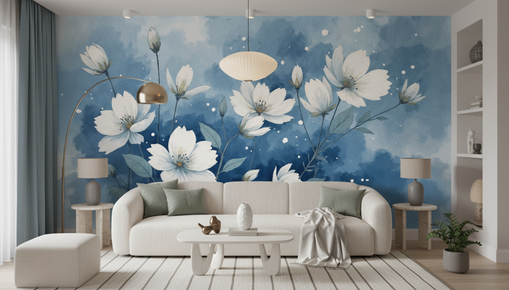 Papier Peint Fleurs Blanches Cosmos sur Fond Bleu Aquarelle - Salon / Séjour