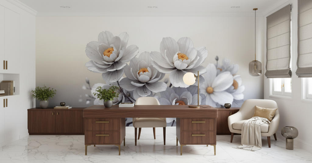 Papier Peint Fleurs Blanches et Dorées Élégance Naturelle - Bureau