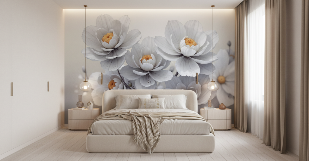Papier Peint Fleurs Blanches et Dorées Élégance Naturelle - Chambre adulte