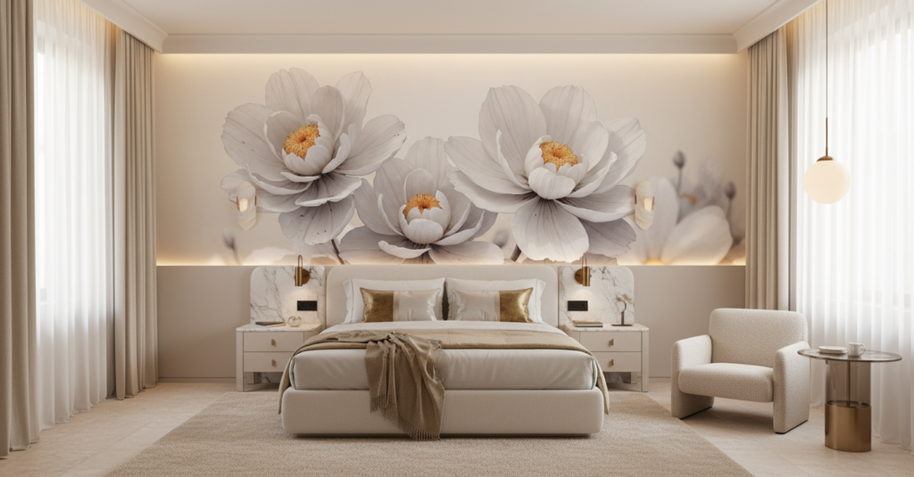 Papier Peint Fleurs Blanches et Dorées Élégance Naturelle - Hôtel