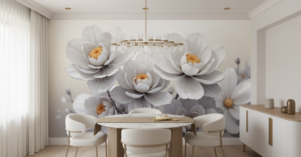 Papier Peint Fleurs Blanches et Dorées Élégance Naturelle - Salle à manger