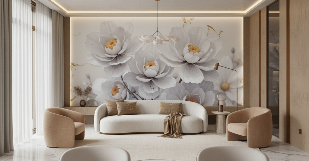 Papier Peint Fleurs Blanches et Dorées Élégance Naturelle - Salon / Séjour