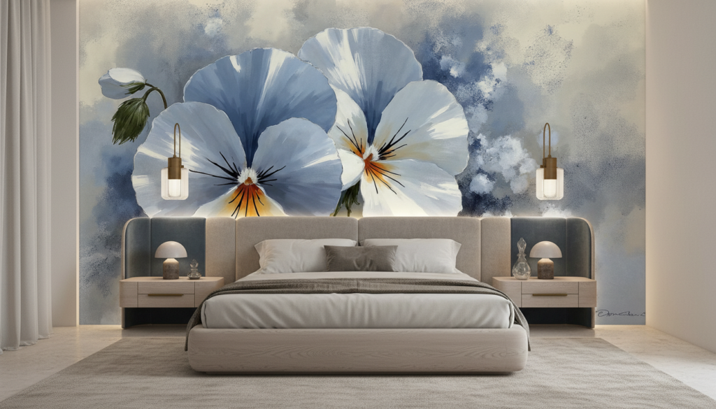 Papier Peint Fleurs Bleues Aquarelle Style Artistique et Romantique - Chambre adulte