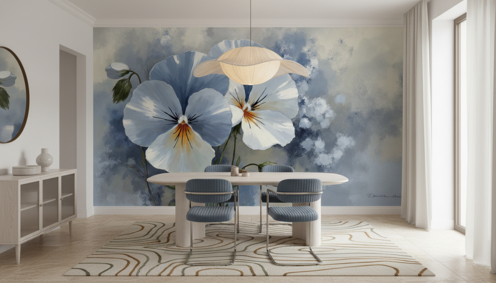 Papier Peint Fleurs Bleues Aquarelle Style Artistique et Romantique - Salle à manger