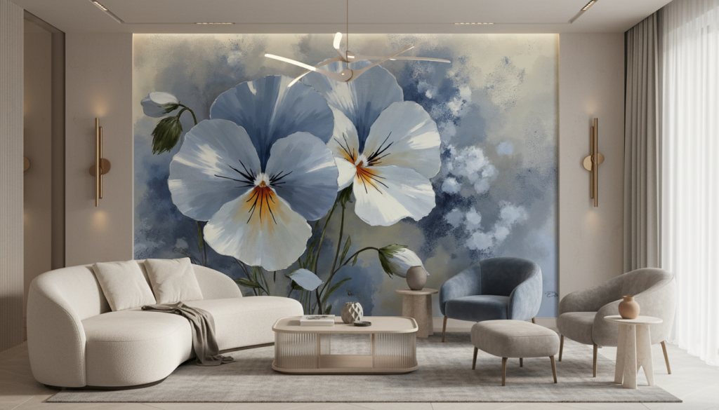 Papier Peint Fleurs Bleues Aquarelle Style Artistique et Romantique - Salon / Séjour