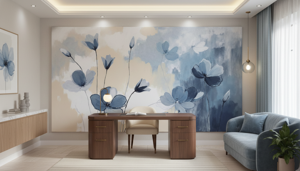 Papier Peint Fleurs Bleues Aquarelle Style Contemporain Élégant - Bureau