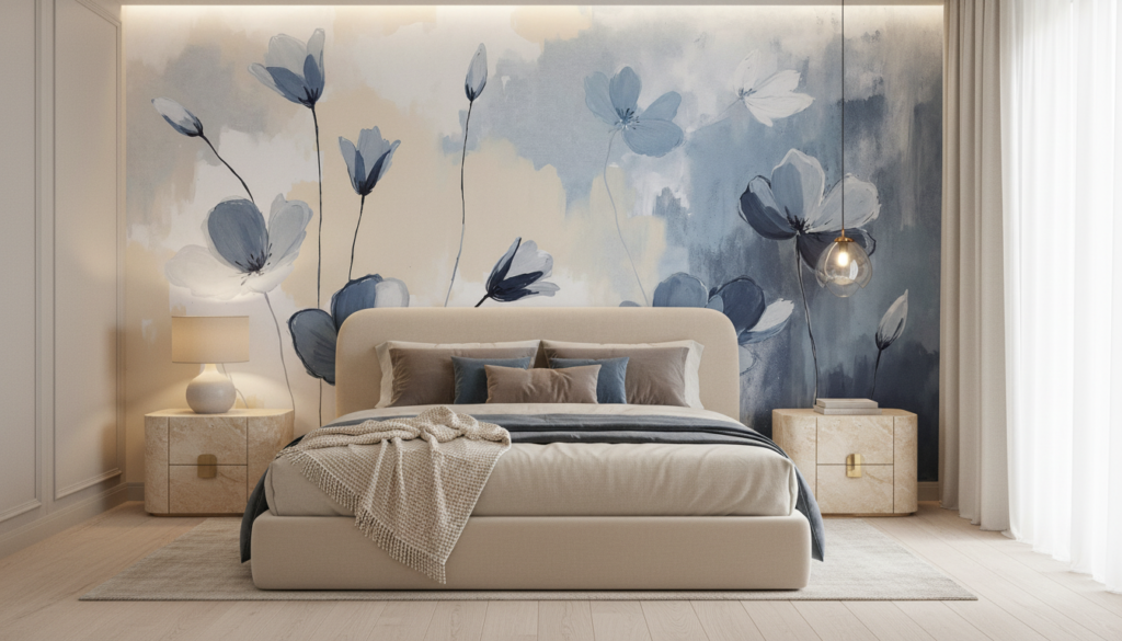 Papier Peint Fleurs Bleues Aquarelle Style Contemporain Élégant - Chambre adulte