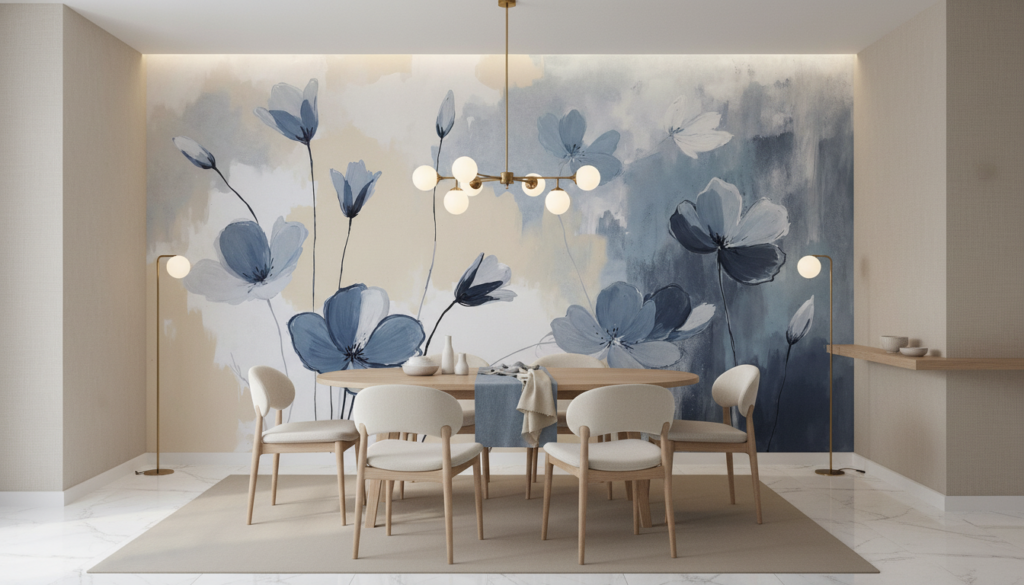 Papier Peint Fleurs Bleues Aquarelle Style Contemporain Élégant - Salle à manger