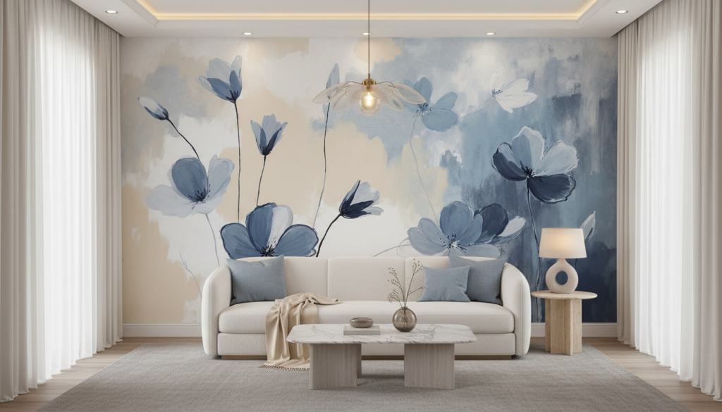 Papier Peint Fleurs Bleues Aquarelle Style Contemporain Élégant - Salon / Séjour