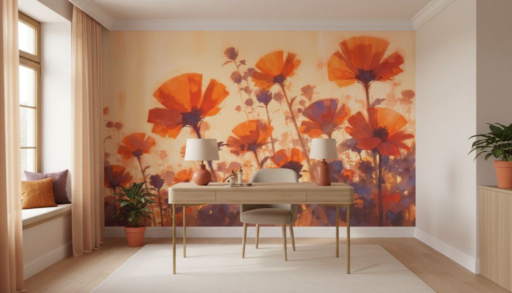 Papier peint fleurs coquelicots oranges coucher de soleil romantique - Bureau
