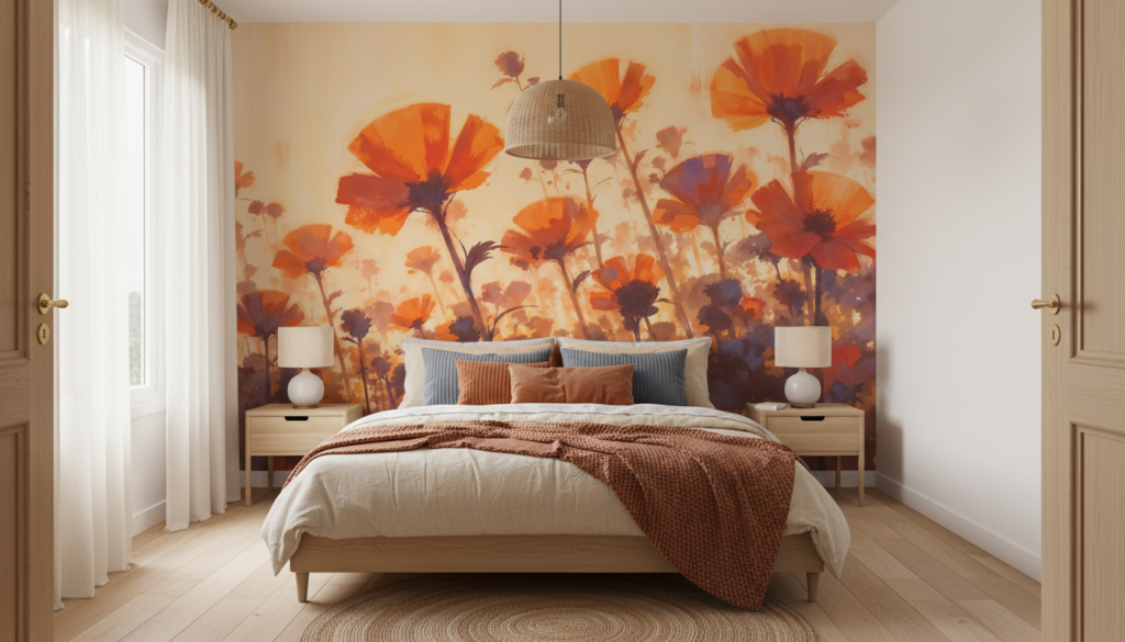 Papier peint fleurs coquelicots oranges coucher de soleil romantique - Chambre adulte