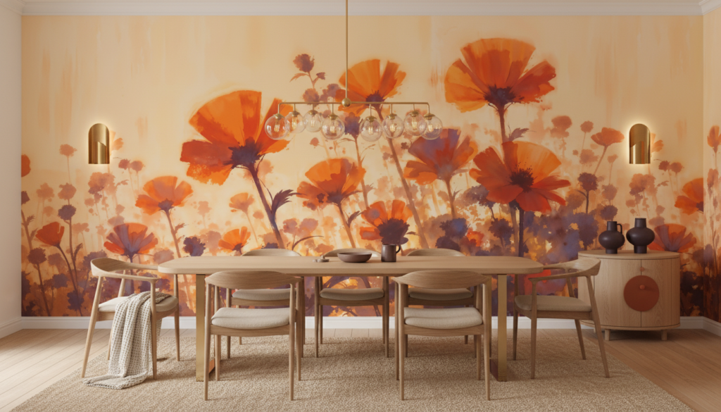 Papier peint fleurs coquelicots oranges coucher de soleil romantique - Salle à manger