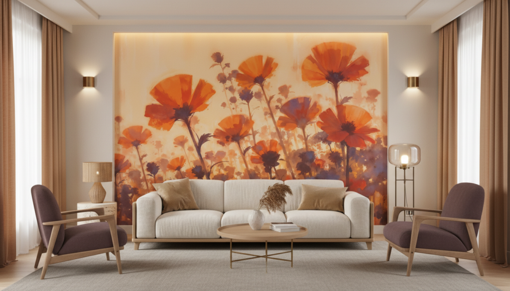 Papier peint fleurs coquelicots oranges coucher de soleil romantique - Salon / Séjour