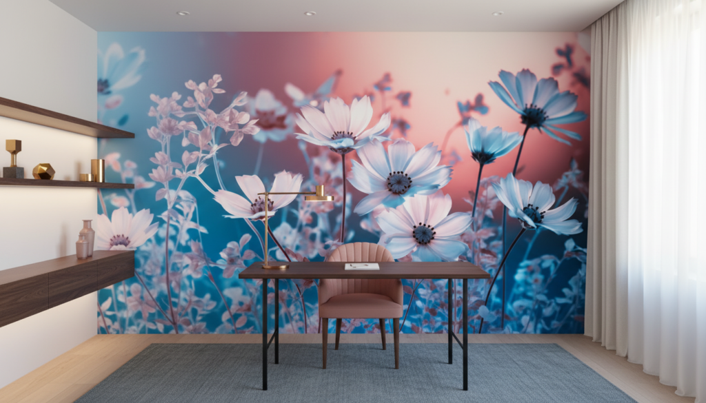 Papier peint fleurs cosmos effet infrarouge rose et bleu - Bureau